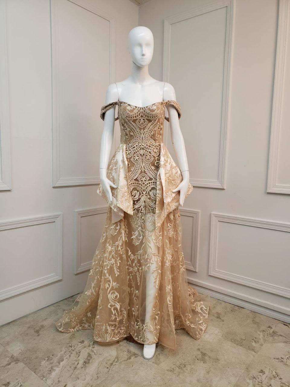 Nour Fathallah N0134 - Off-Shoulder Lace Gown with Back Peplum & A-Line Skirt