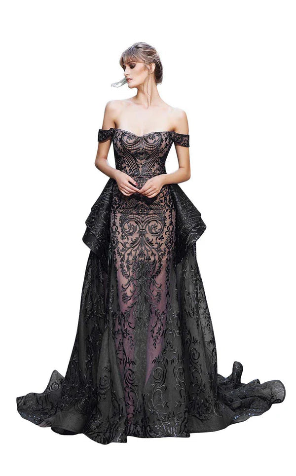Nour Fathallah N0134 - Off-Shoulder Lace Gown with Back Peplum & A-Line Skirt