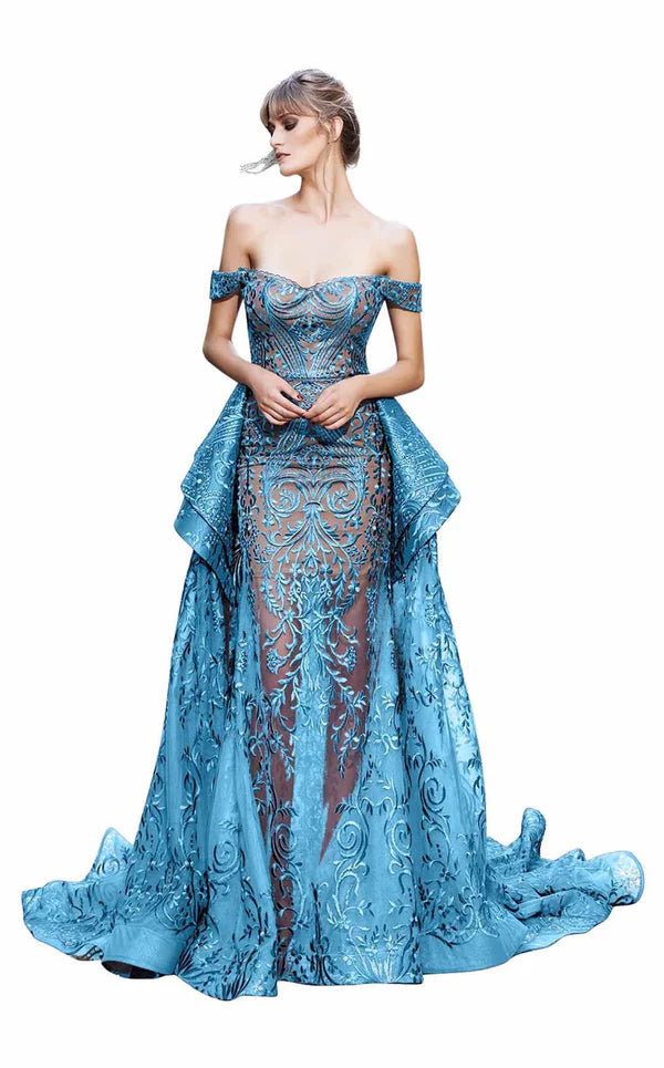 Nour Fathallah N0134 - Off-Shoulder Lace Gown with Back Peplum & A-Line Skirt