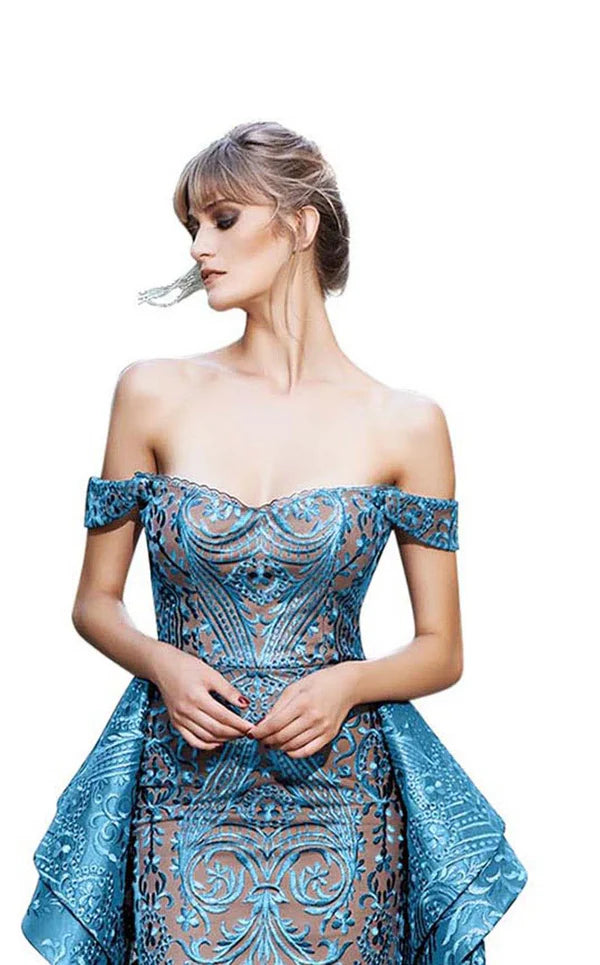Nour Fathallah N0134 - Off-Shoulder Lace Gown with Back Peplum & A-Line Skirt