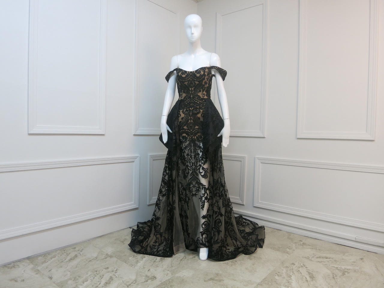 Nour Fathallah N0134 - Off-Shoulder Lace Gown with Back Peplum & A-Line Skirt
