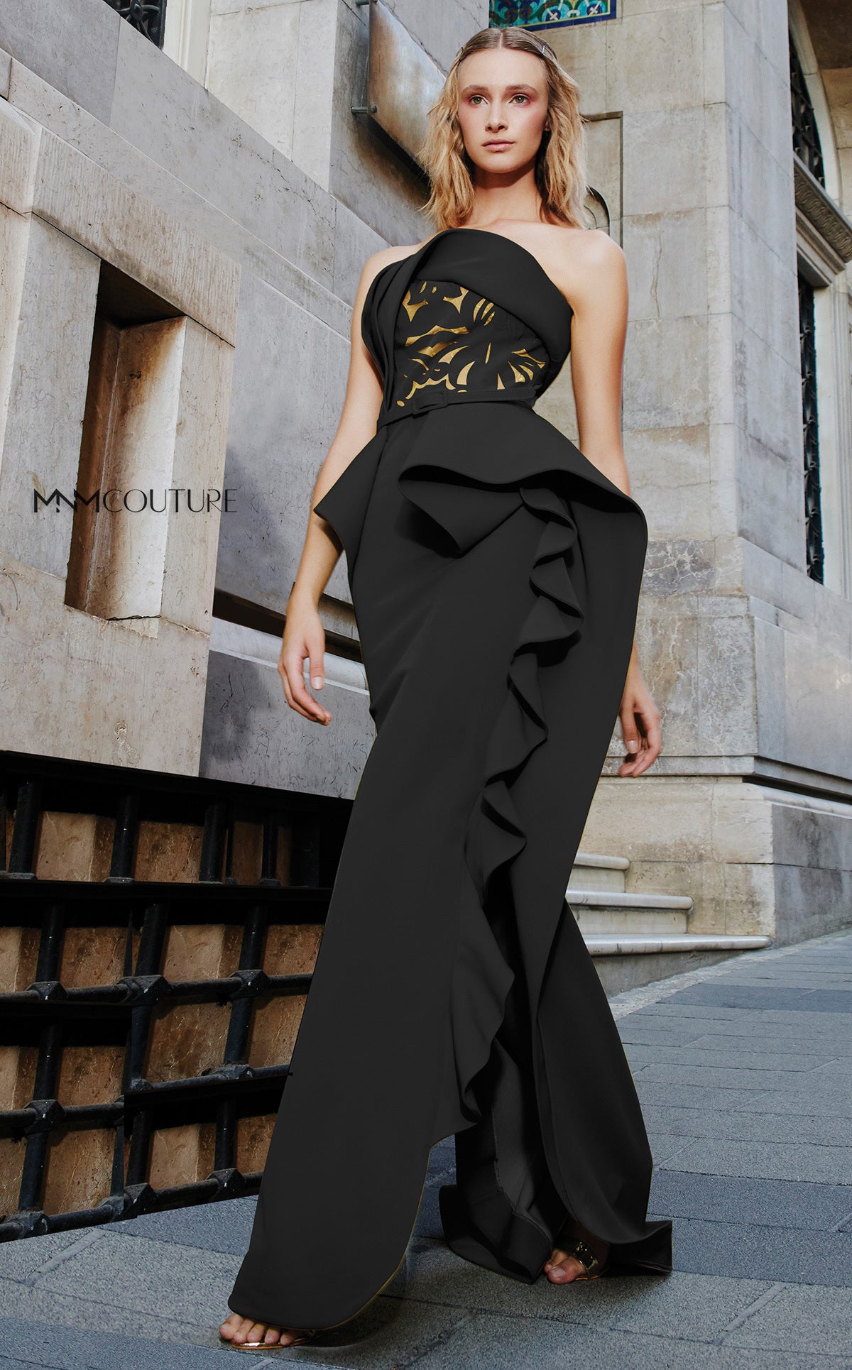 Nour Fathallah N0297 - Strapless Lacy Floral Gown with Ruffled Slits