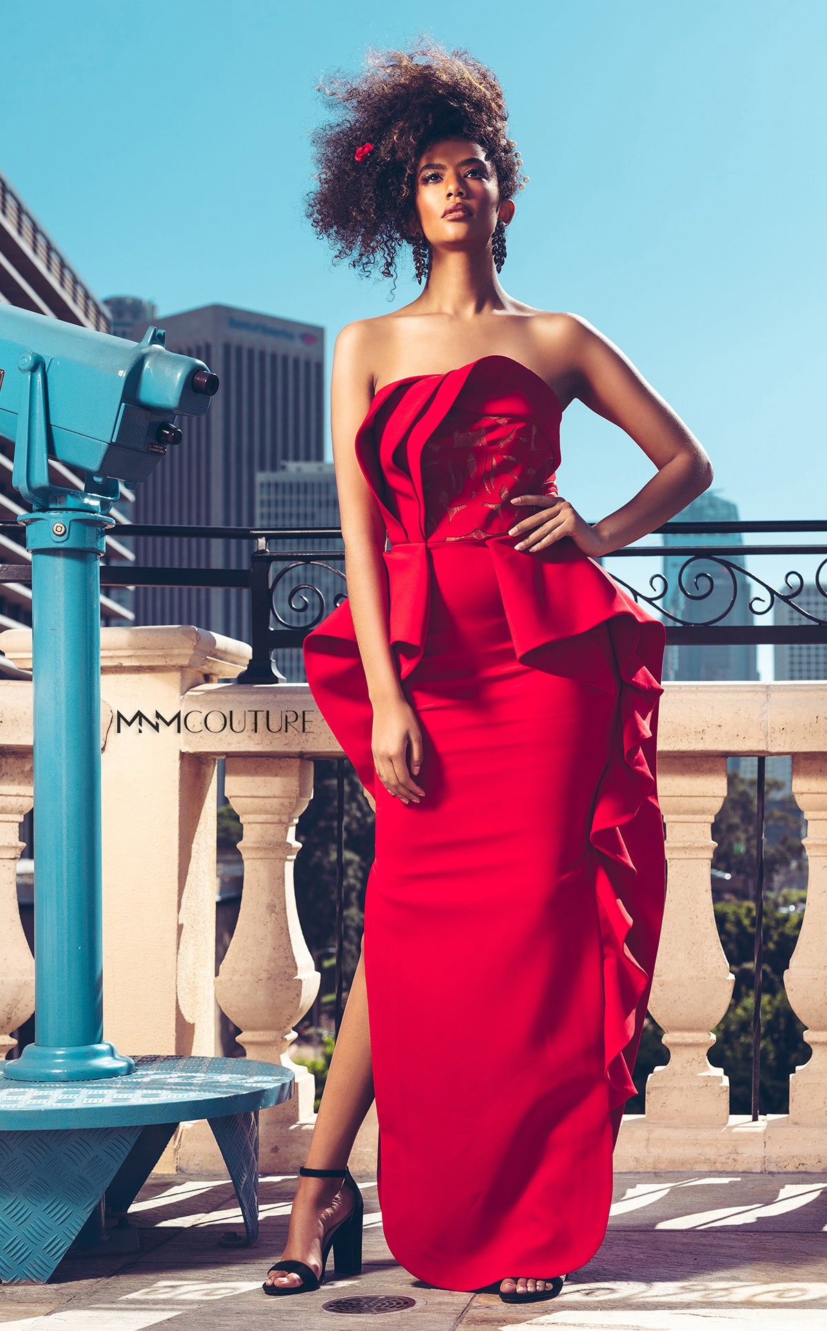 Nour Fathallah N0297 - Strapless Lacy Floral Gown with Ruffled Slits