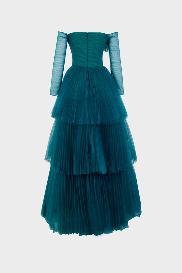 Nour Fathallah N0342 - Off-Shoulder Three-Tiered Gown with Flower Embellishment