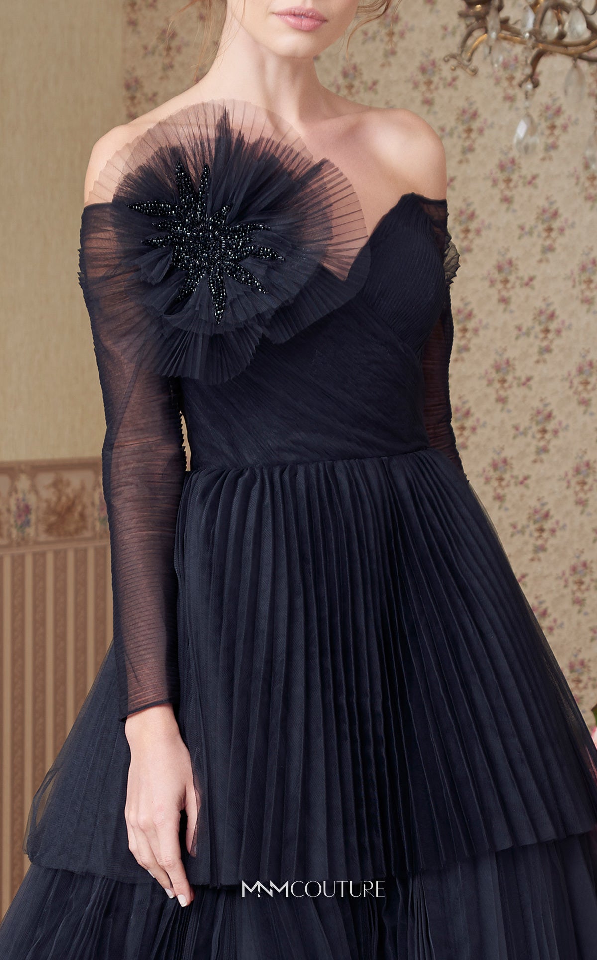 Nour Fathallah N0342 - Off-Shoulder Three-Tiered Gown with Flower Embellishment