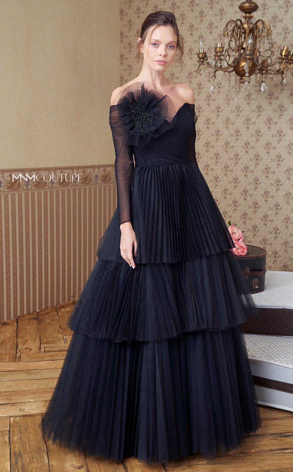Nour Fathallah N0342 - Off-Shoulder Three-Tiered Gown with Flower Embellishment