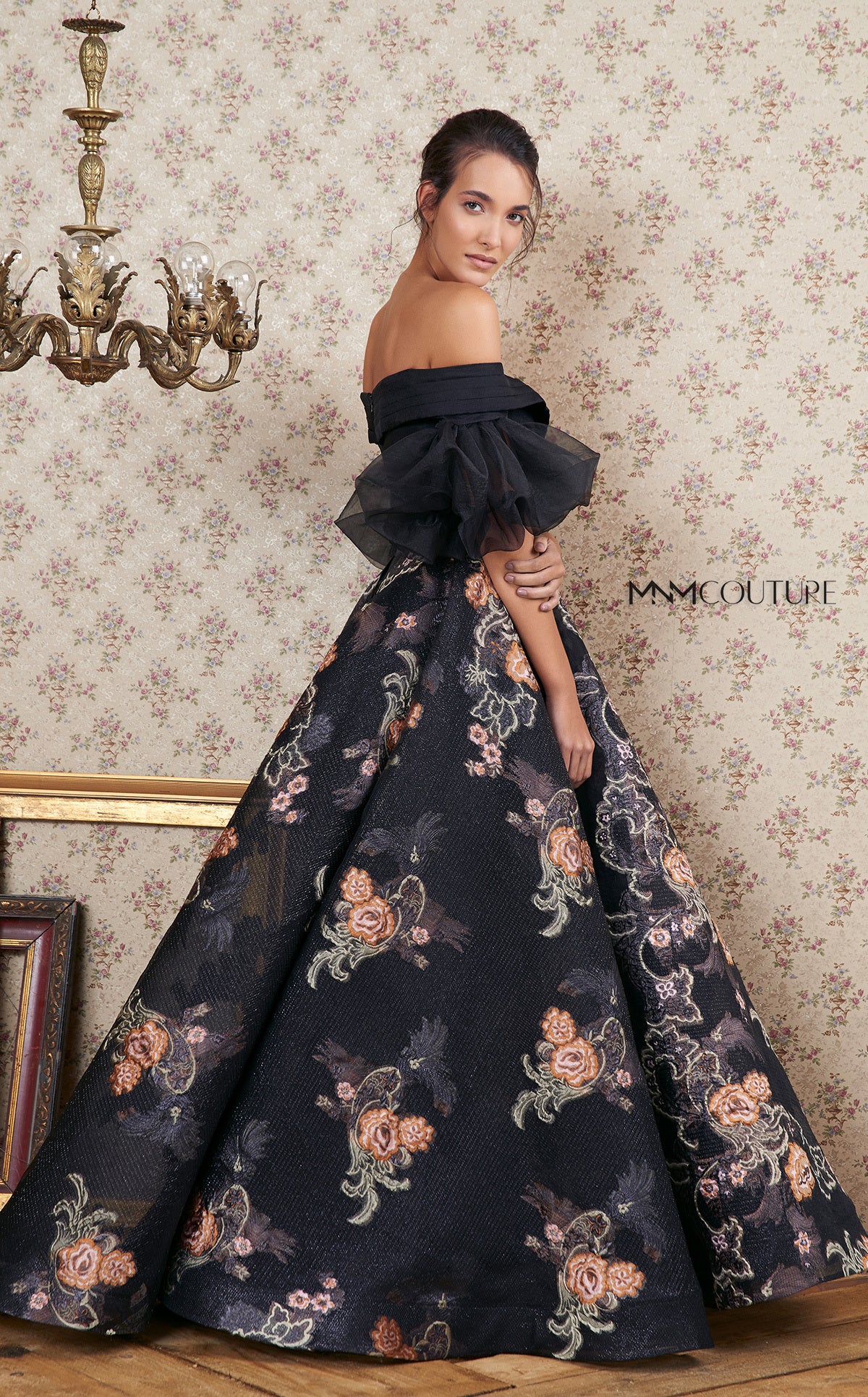 Nour Fathallah N0354 - Off-Shoulder Gown with Floral Embroidered A-Line Skirt