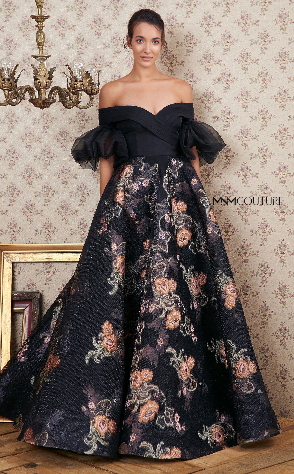 Nour Fathallah N0354 - Off-Shoulder Gown with Floral Embroidered A-Line Skirt