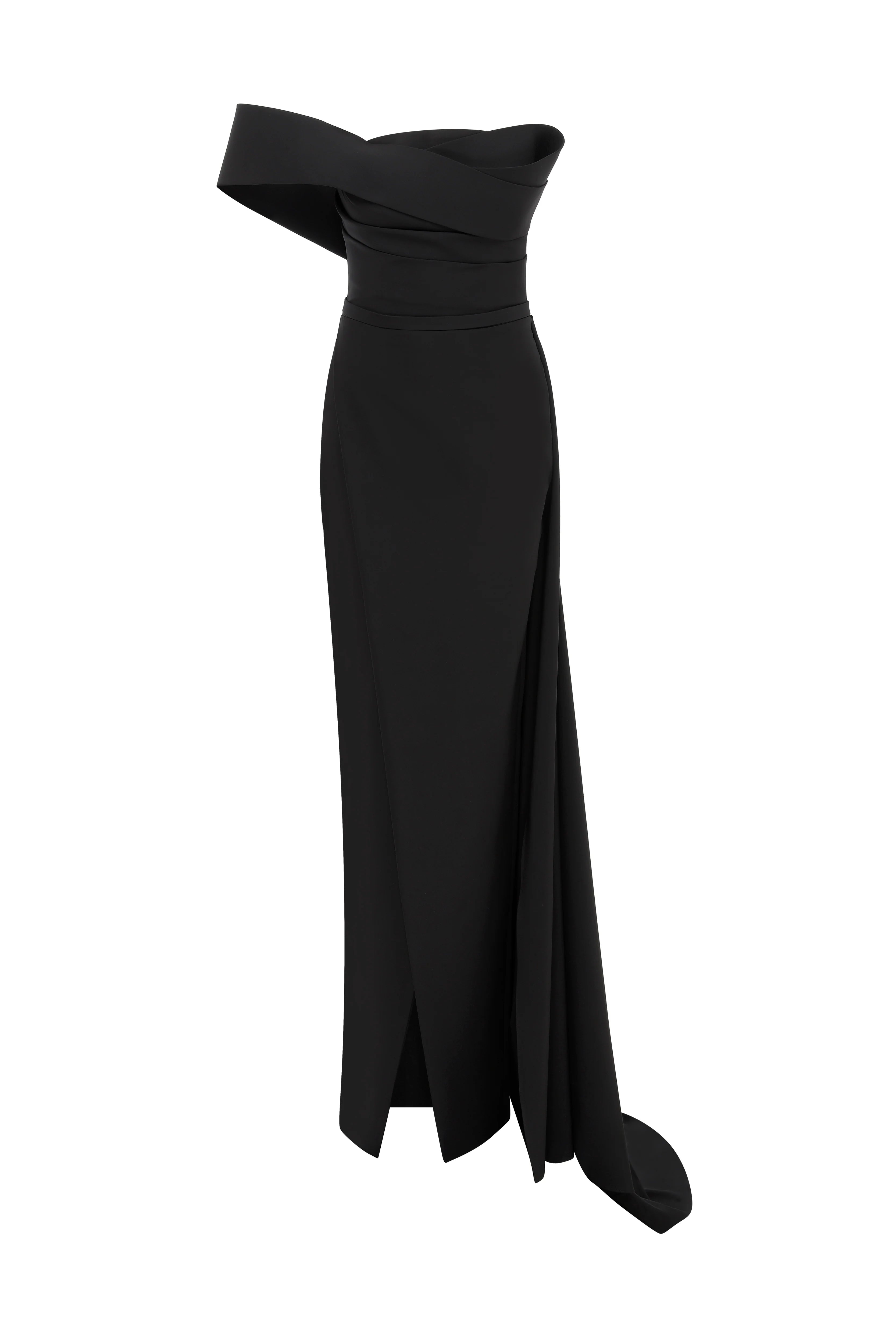 Nour Fathallah N0535 - Strapless Crepe Gown with Sarong Skirt & Tail