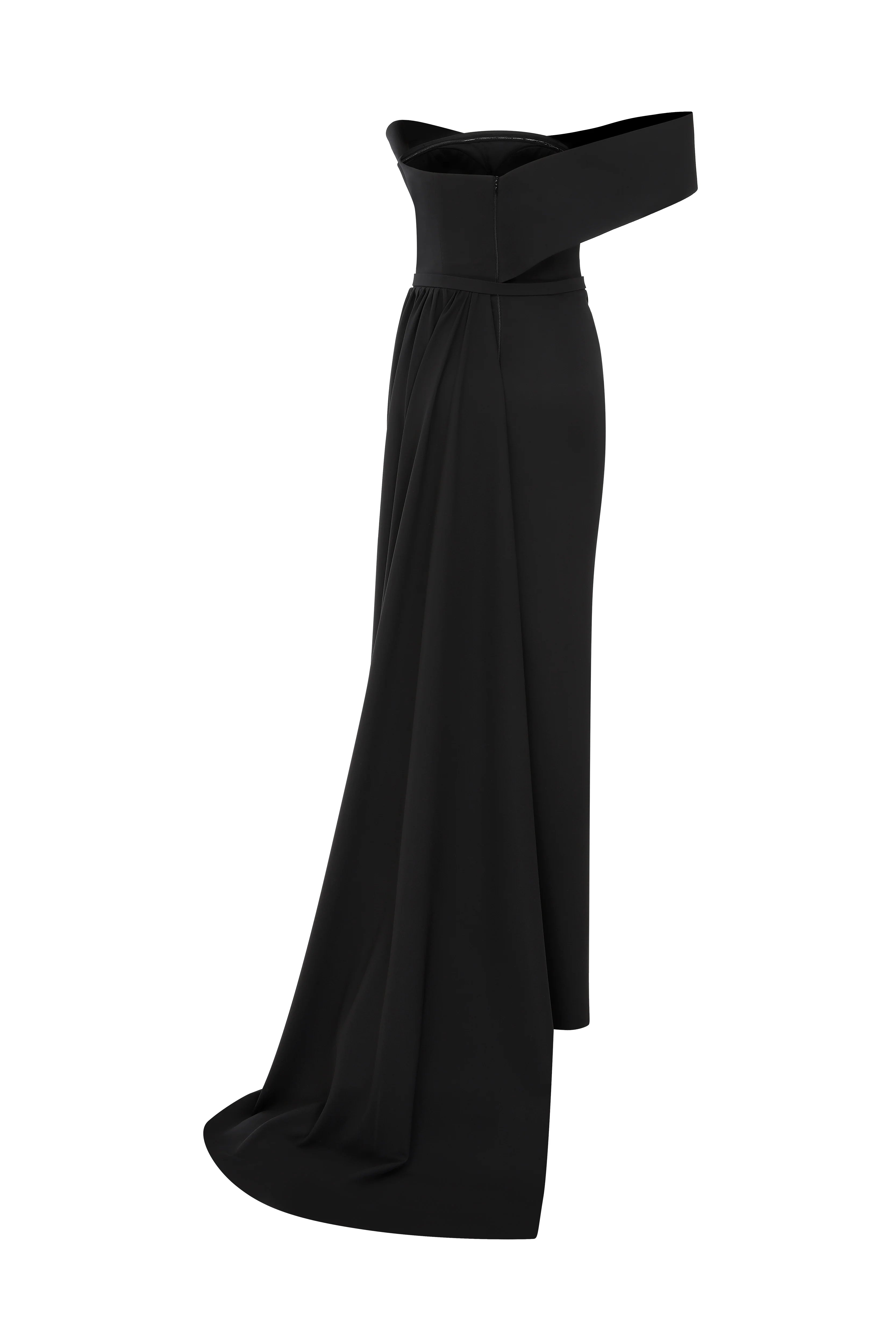 Nour Fathallah N0535 - Strapless Crepe Gown with Sarong Skirt & Tail