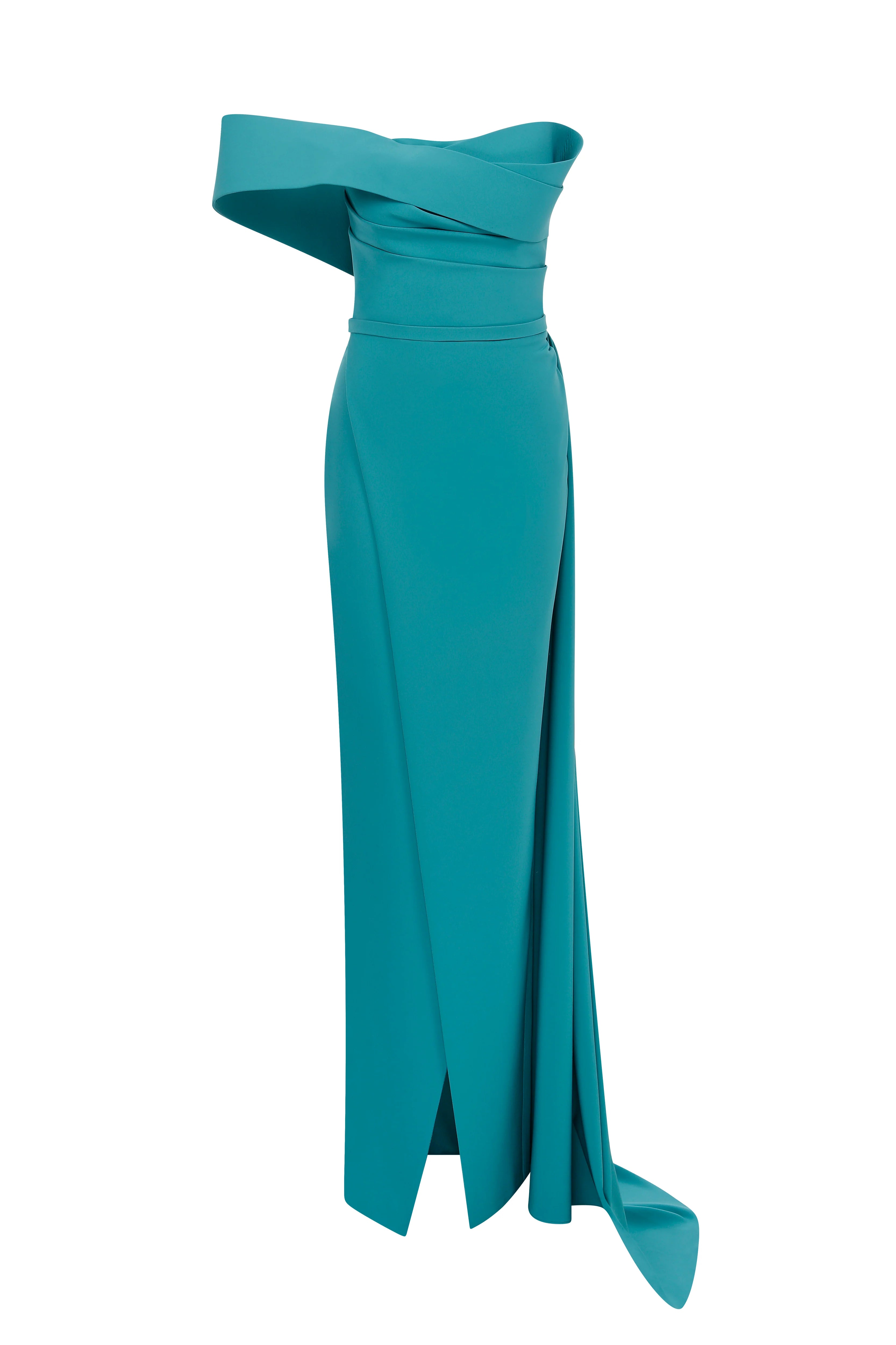 Nour Fathallah N0535 - Strapless Crepe Gown with Sarong Skirt & Tail