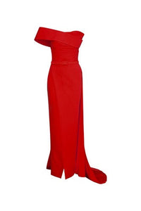 Nour Fathallah N0535 - Strapless Crepe Gown with Sarong Skirt & Tail