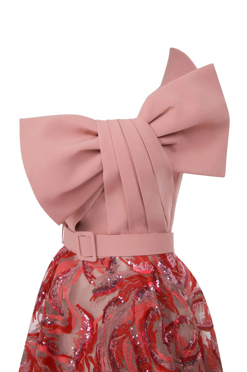 Nour Fathallah N0576 - Embroidered Crepe Gown with Asymmetrical Neckline