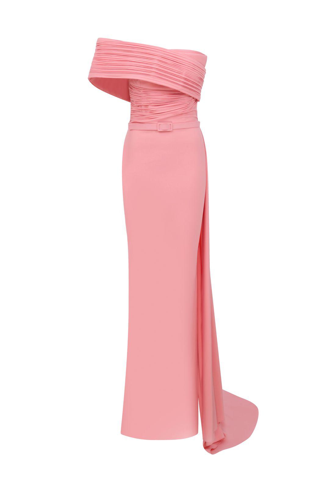 Nour Fathallah N0604 - Asymmetrical Crepe Gown with Off-Shoulder Sleeve