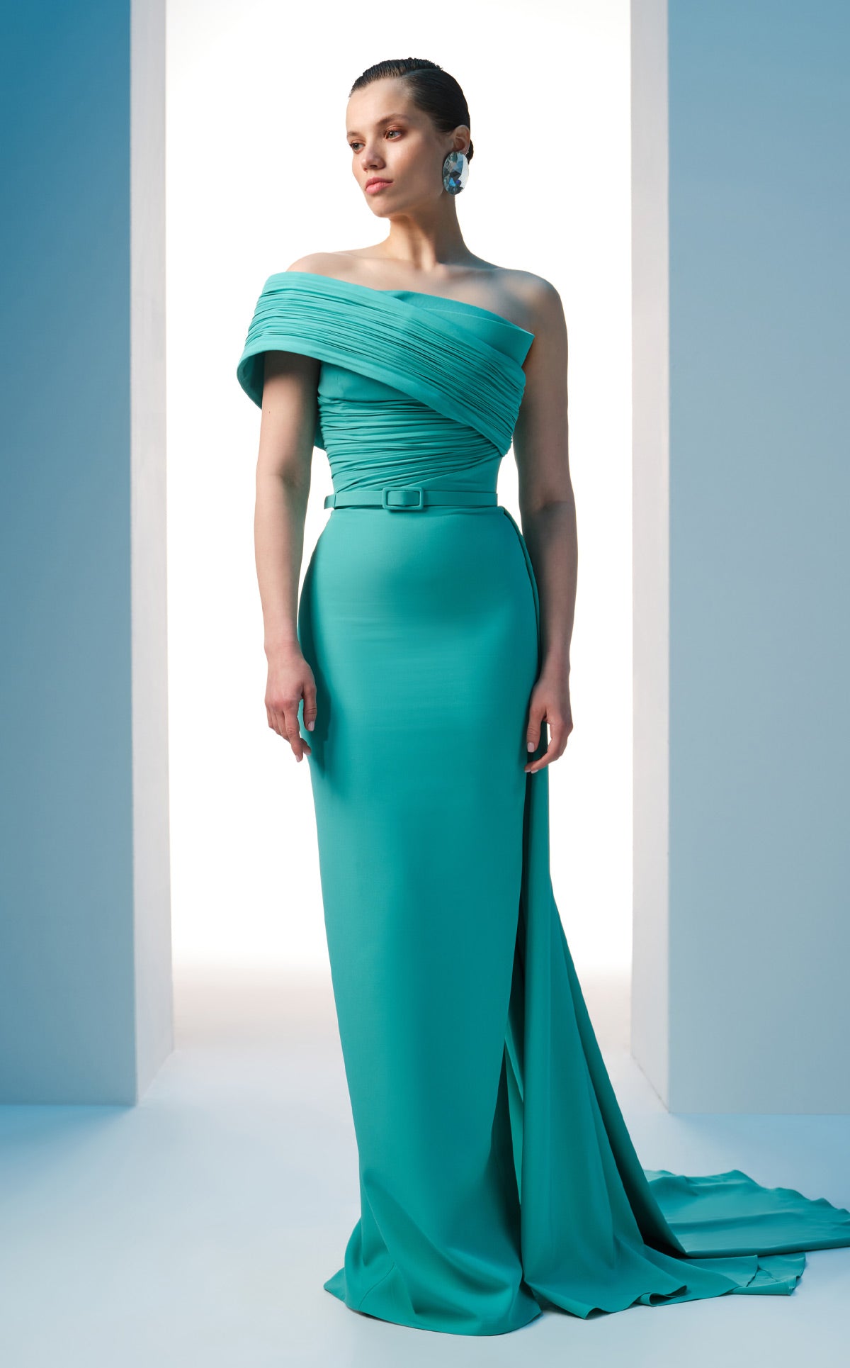 Nour Fathallah N0604 - Asymmetrical Crepe Gown with Off-Shoulder Sleeve