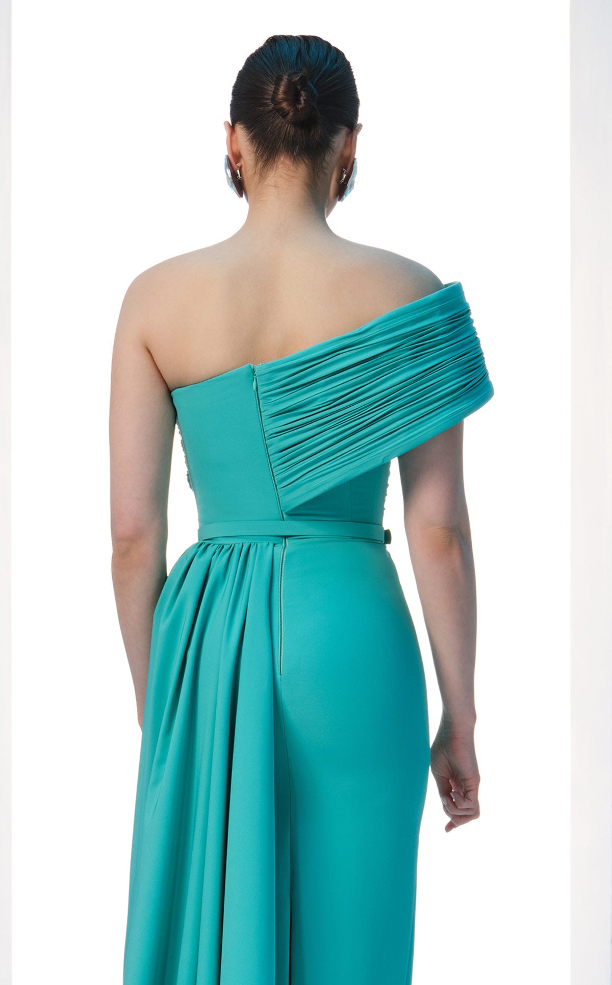 Nour Fathallah N0604 - Asymmetrical Crepe Gown with Off-Shoulder Sleeve