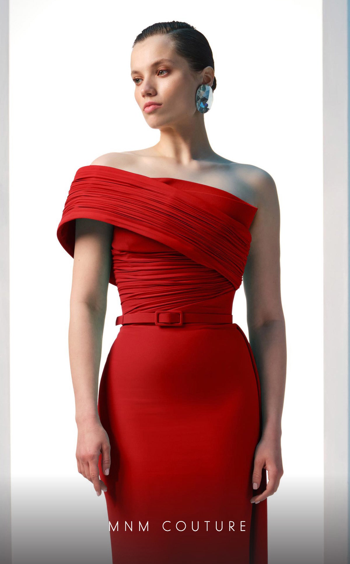 Nour Fathallah N0604 - Asymmetrical Crepe Gown with Off-Shoulder Sleeve
