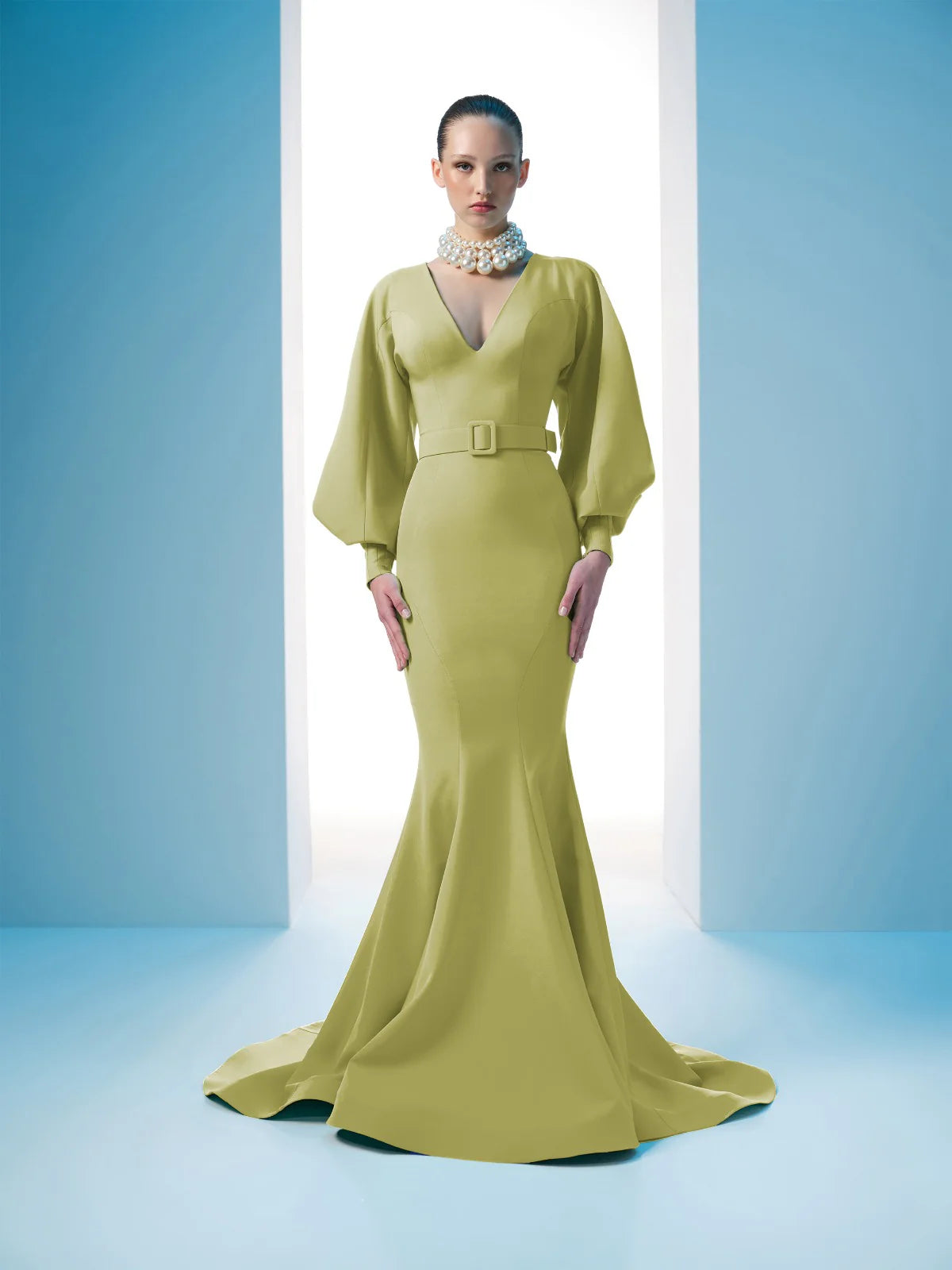 Nour Fathallah N0605 - Crepe Mermaid Gown with Puffed Sleeves