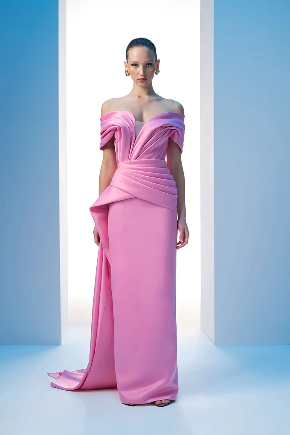 Nour Fathallah N0607 - Strapless Matt Satin Gown with Draped Details