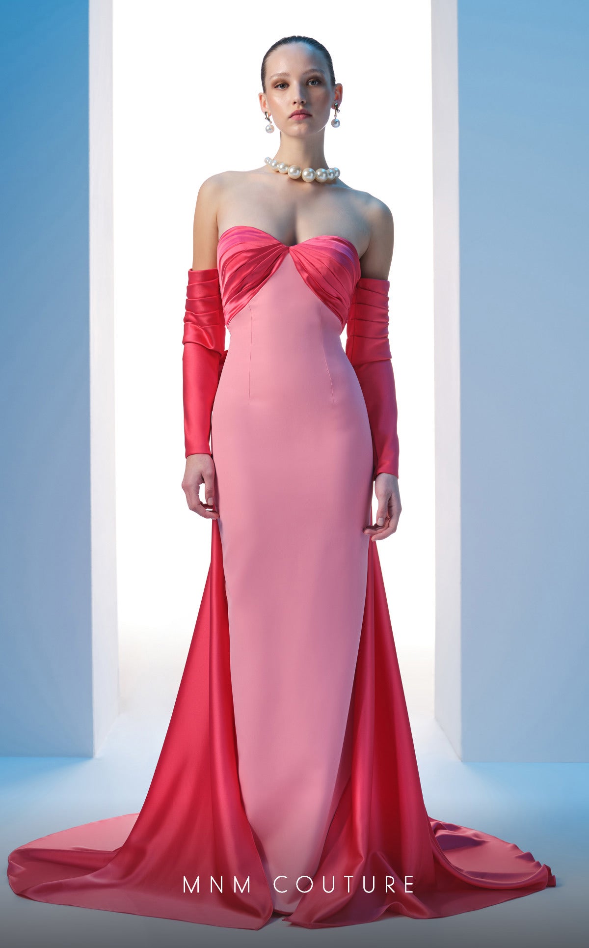 Nour Fathallah N0609 - Strapless Crepe & Satin Gown with Off-Shoulder Sleeves