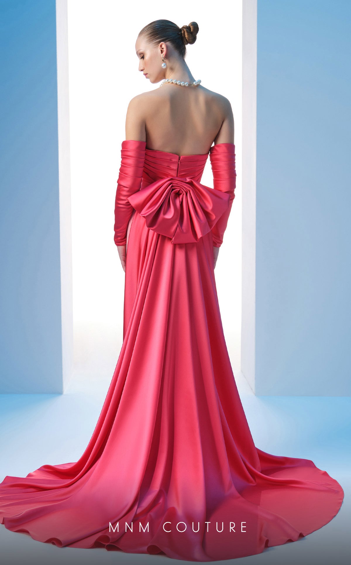 Nour Fathallah N0609 - Strapless Crepe & Satin Gown with Off-Shoulder Sleeves