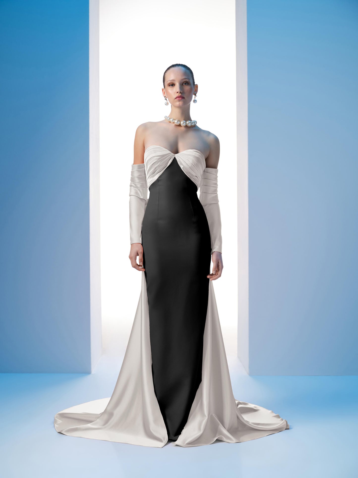 Nour Fathallah N0609 - Strapless Crepe & Satin Gown with Off-Shoulder Sleeves