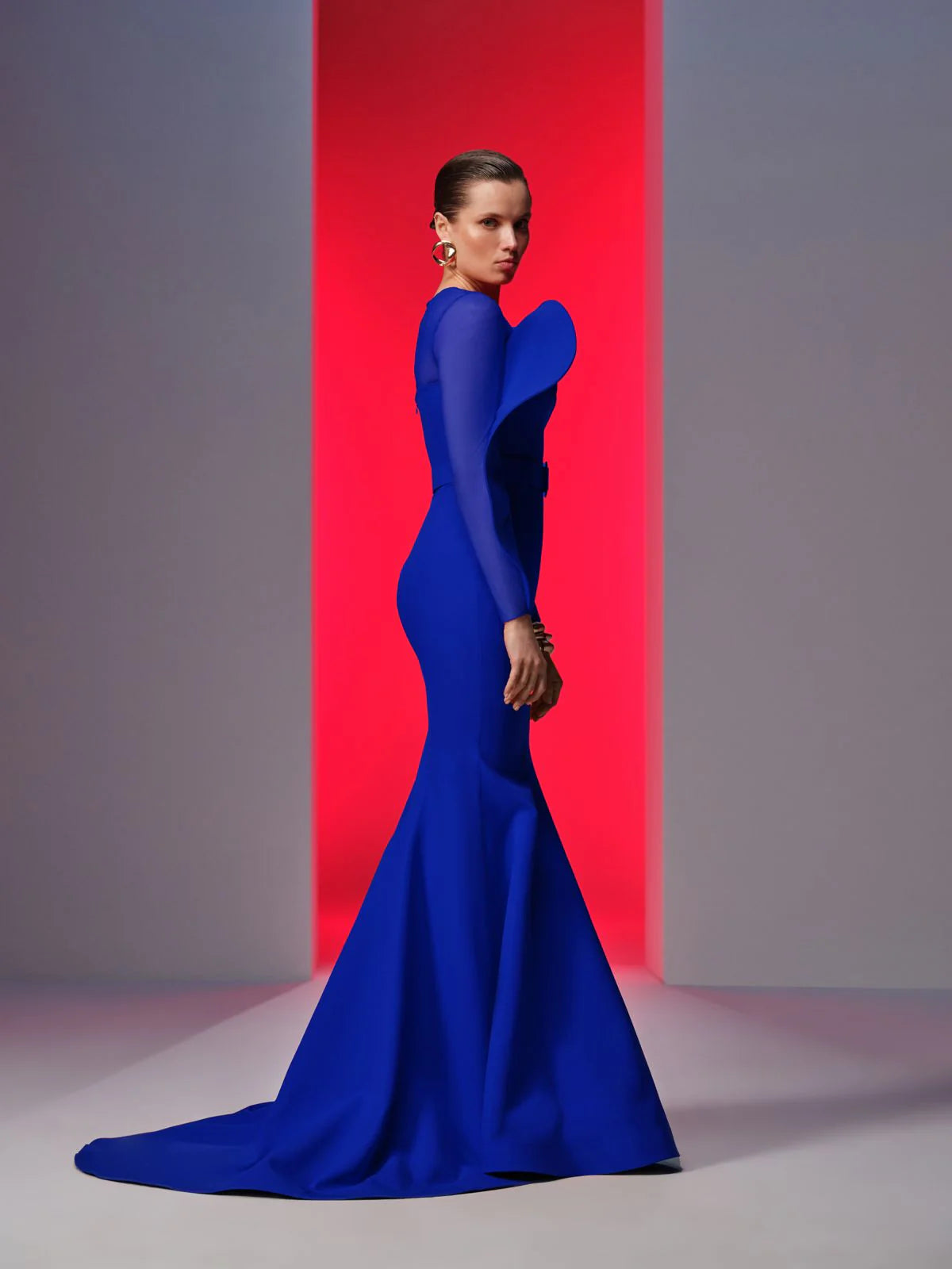Nour Fathallah N0613 - Crepe Mermaid Gown with Illusion Round Neck