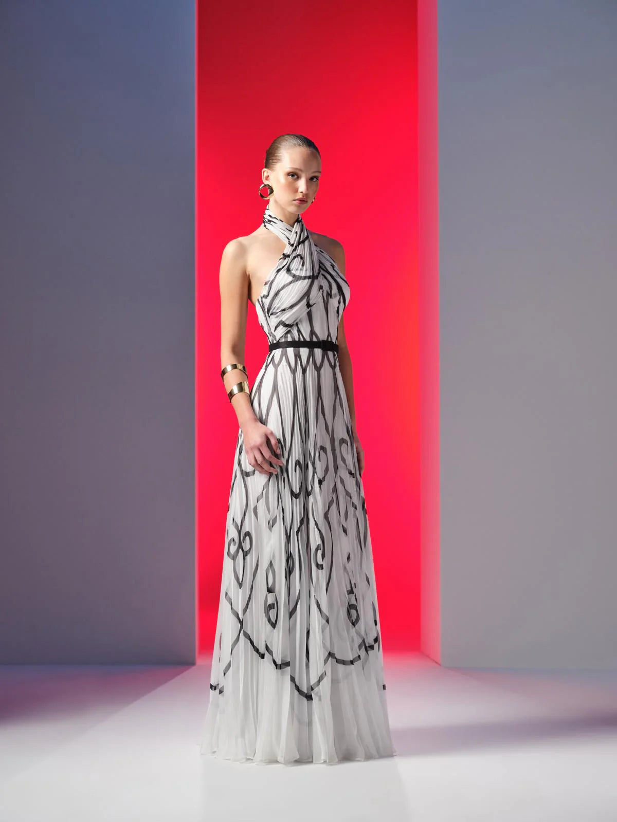Nour Fathallah N0614 - Printed Chiffon Plisse Gown with Cross Halter Neck