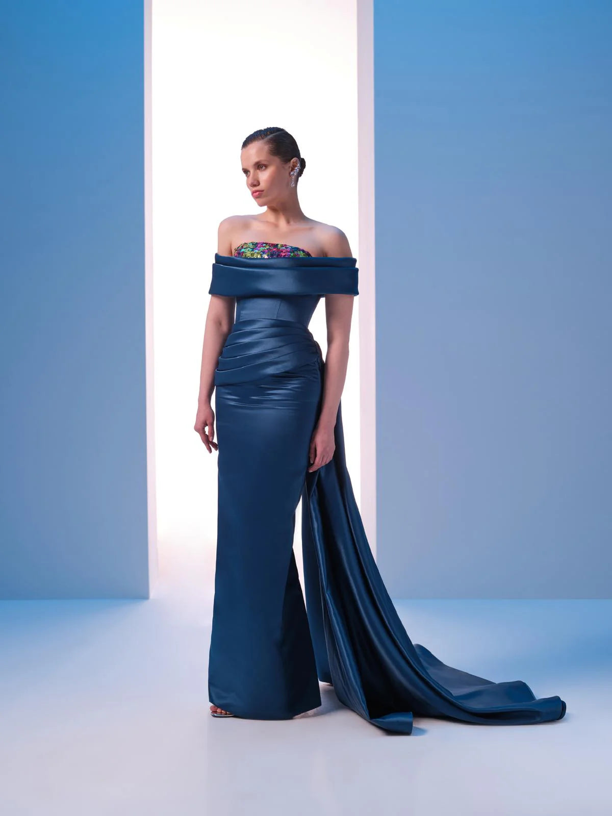Nour Fathallah N0617 - Strapless Matt Satin & Payet Gown with Tail