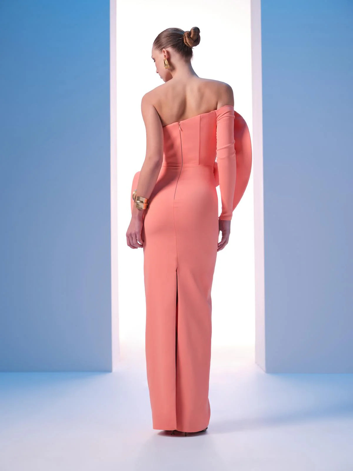 Nour Fathallah N0618 - Strapless Crepe Gown with Single Off-Shoulder Sleeve