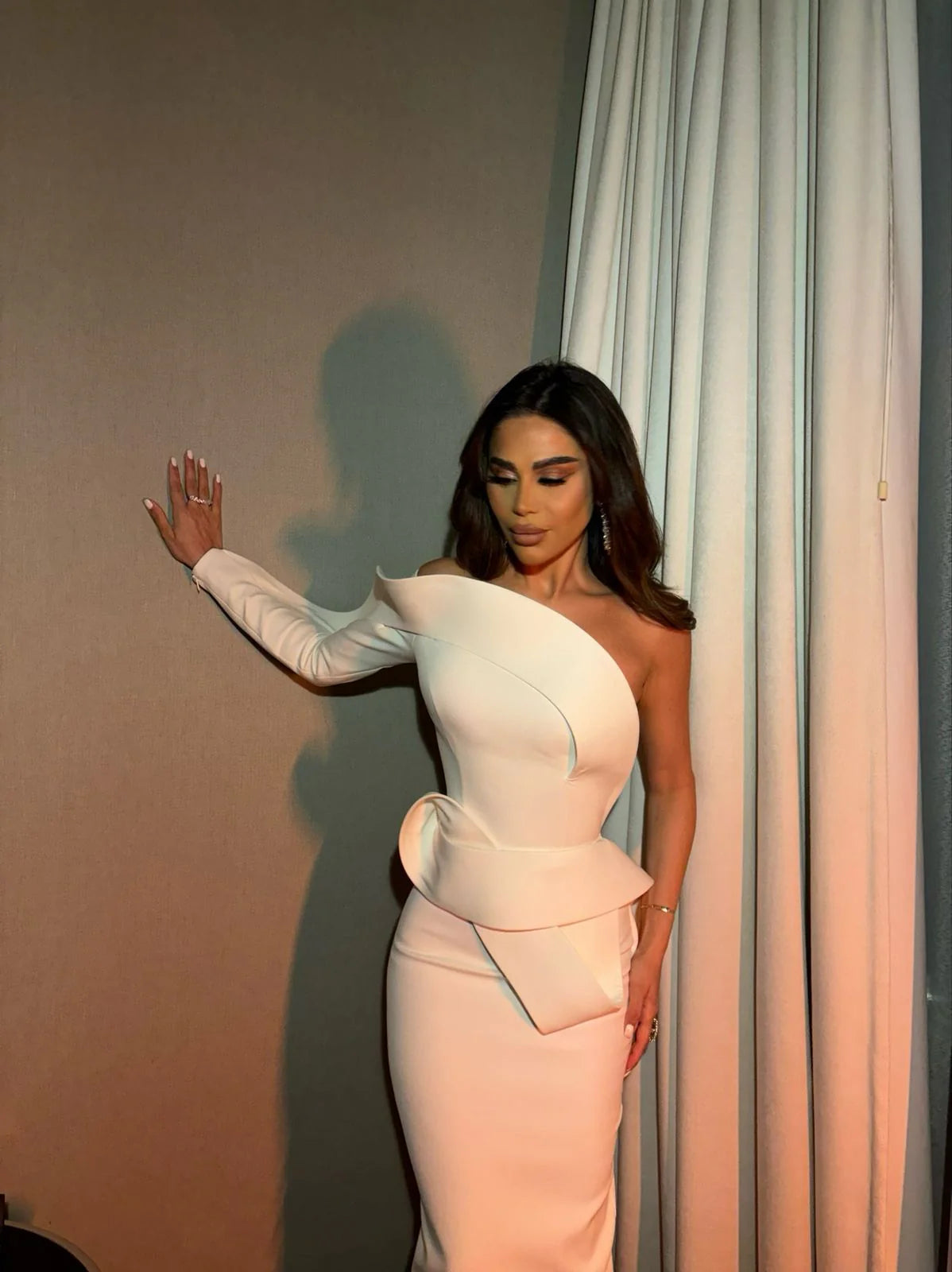 Nour Fathallah N0618 - Strapless Crepe Gown with Single Off-Shoulder Sleeve