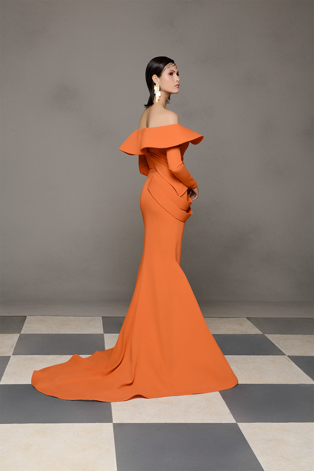 Nour Fathallah N0623 Sunset Orange Off-Shoulder Draped Mermaid Gown