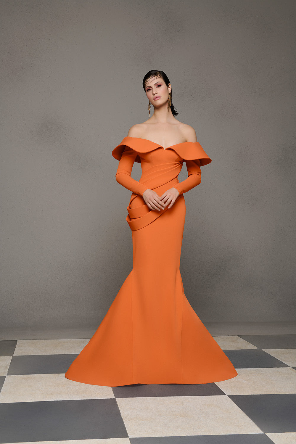 Nour Fathallah N0623 Sunset Orange Off-Shoulder Draped Mermaid Gown