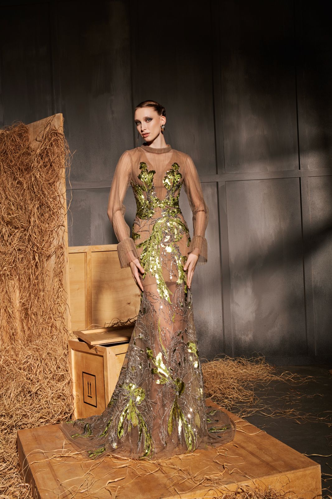 Nour Fathallah N0646 - Green & Gold Embroidered Mermaid Gown with Train