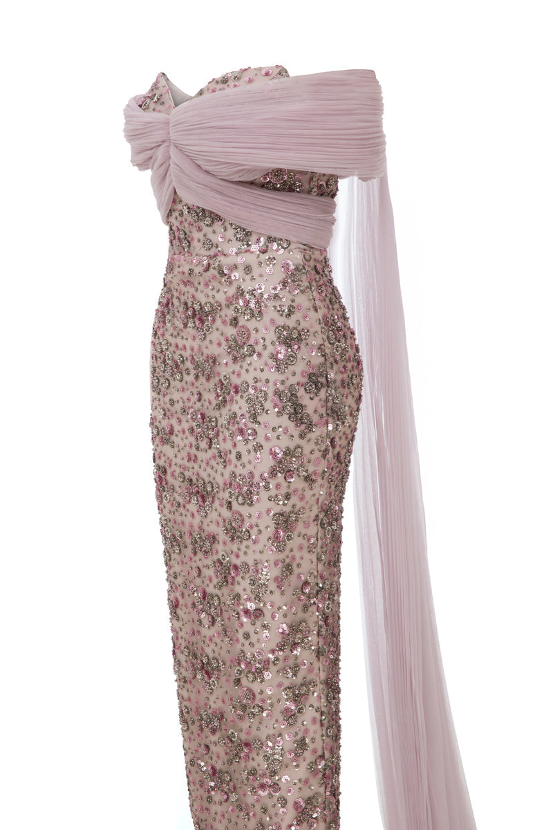 Nour Fathallah N0652 - Embroidered Gray Column Gown with Cape Train