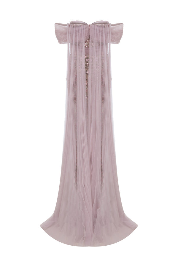 Nour Fathallah N0652 - Embroidered Gray Column Gown with Cape Train