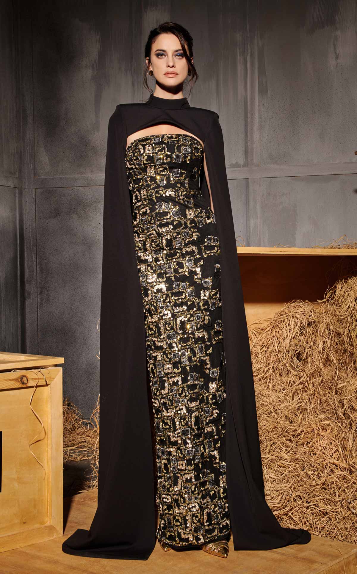 Nour Fathallah N0657 - Black Embroidered Column Gown with Dramatic Cape