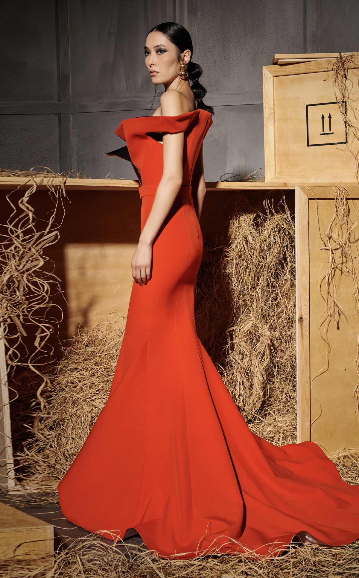 Nour Fathallah N0661 - Coral Mermaid Gown with Asymmetric Neckline