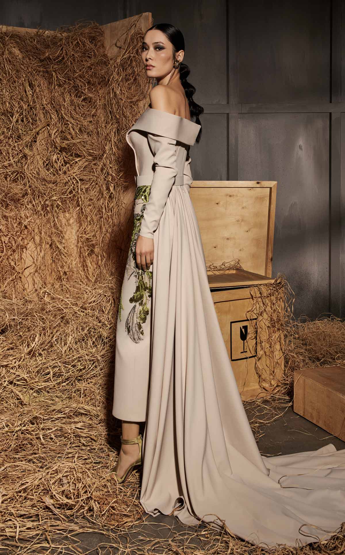 Nour Fathallah N0666 - Beige Column Gown with Off-Shoulder Sleeves