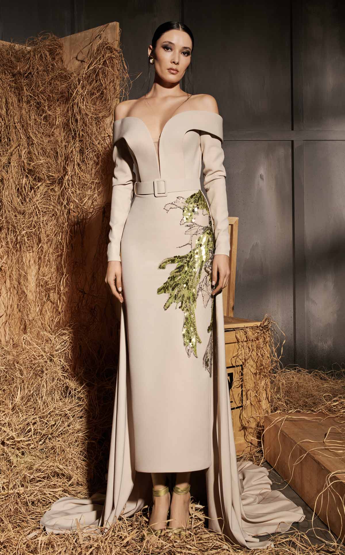 Nour Fathallah N0666 - Beige Column Gown with Off-Shoulder Sleeves