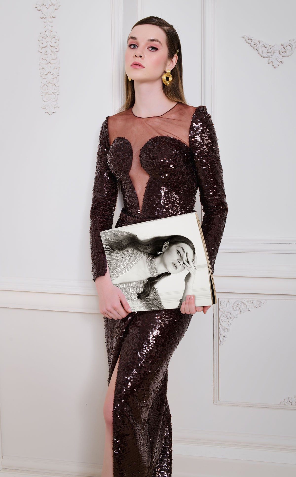 Nour Fathallah N0668 Brown Sequin Illusion Neckline Column Gown with High Slit