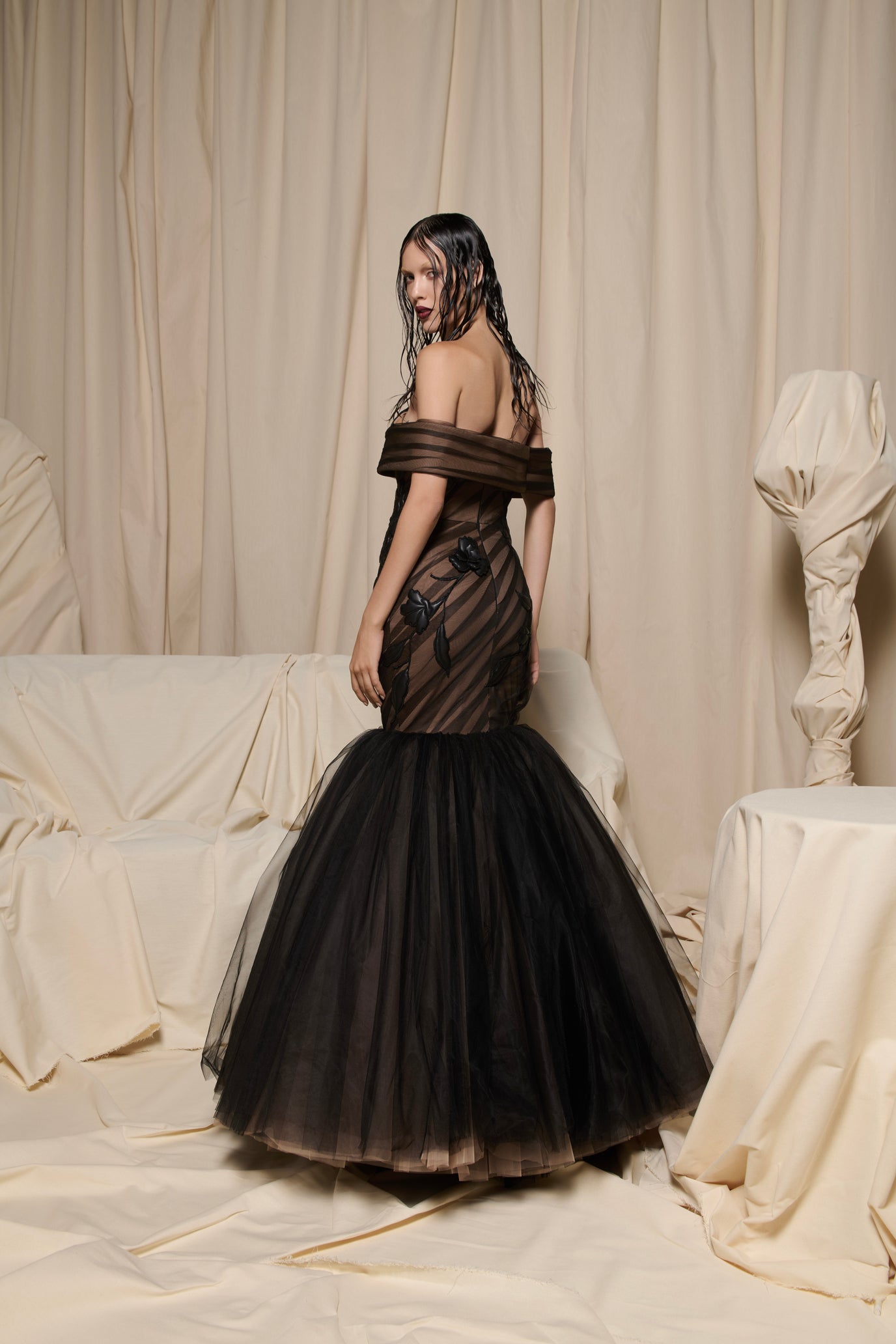 Nour Fathallah N0693 - Black Tulle Mermaid Gown with Floral Appliqués
