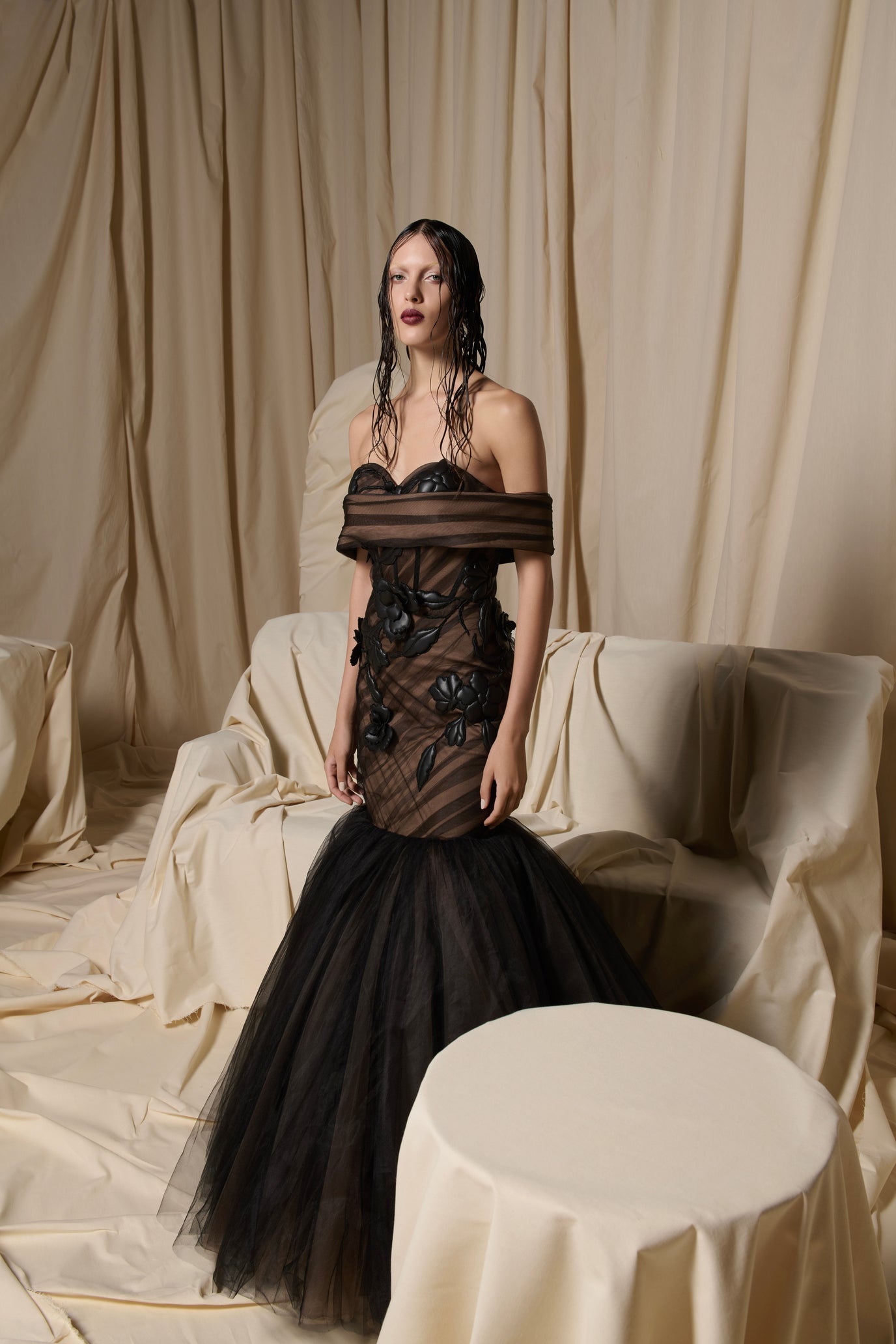 Nour Fathallah N0693 - Black Tulle Mermaid Gown with Floral Appliqués