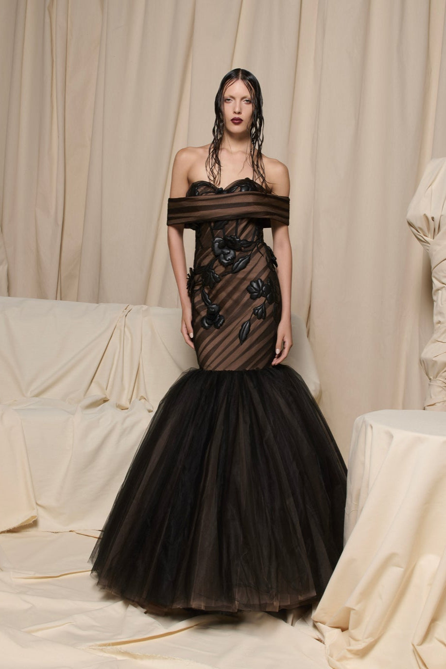Nour Fathallah N0693 - Black Tulle Mermaid Gown with Floral Appliqués