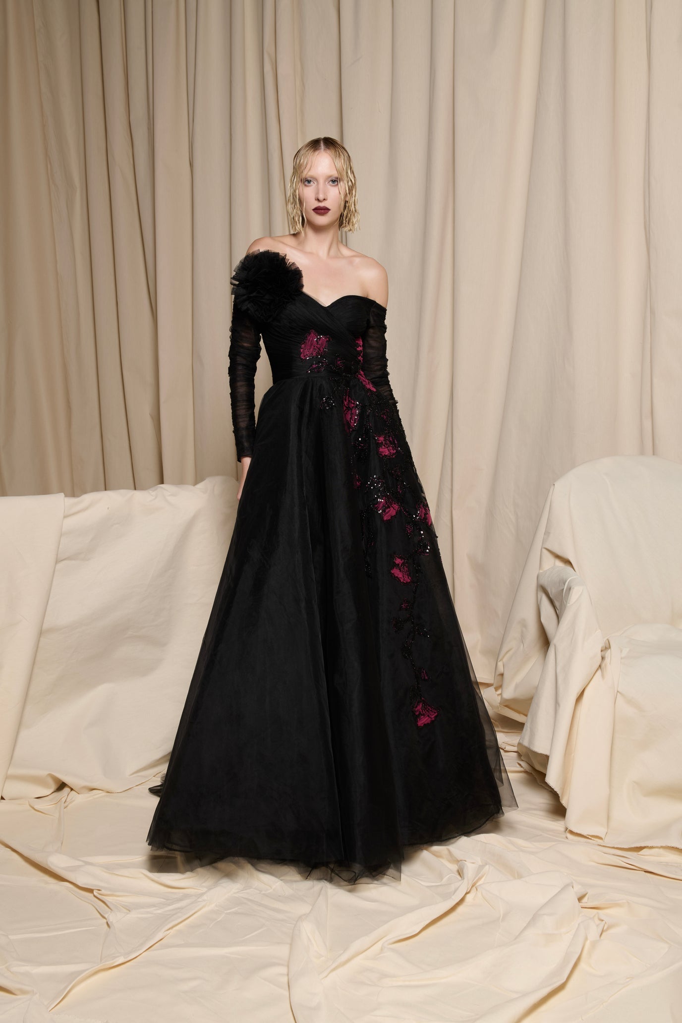 Nour Fathallah N0694 - Black Tulle Gown with Magenta Floral Embroidery