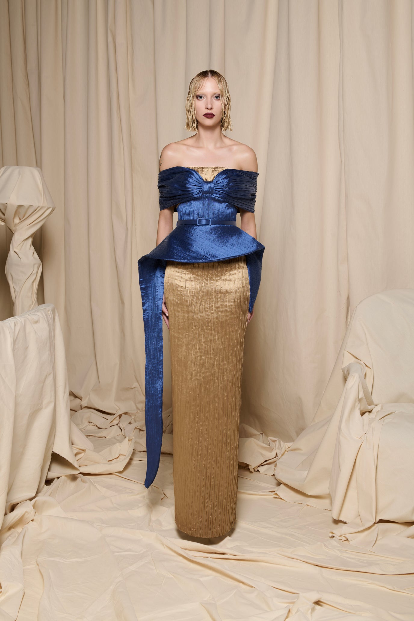 Nour Fathallah N0696 - Sapphire & Gold Two-Tone Gown with Peplum Drape