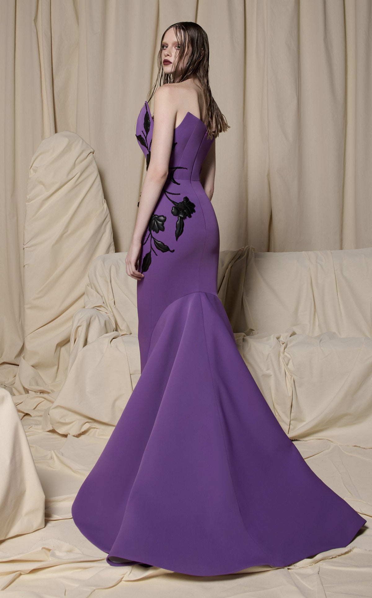 Nour Fathallah N0700 Strapless Sculptural Petal Neckline Column Gown