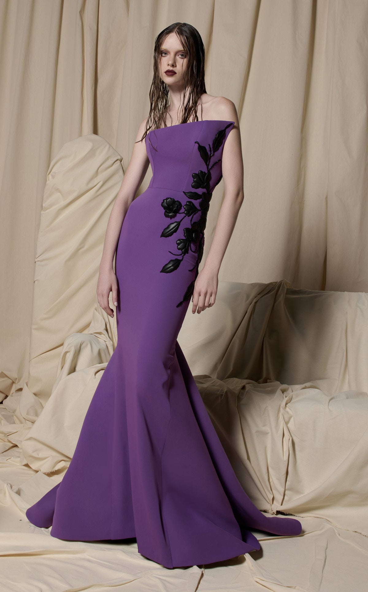 Nour Fathallah N0700 Strapless Sculptural Petal Neckline Column Gown