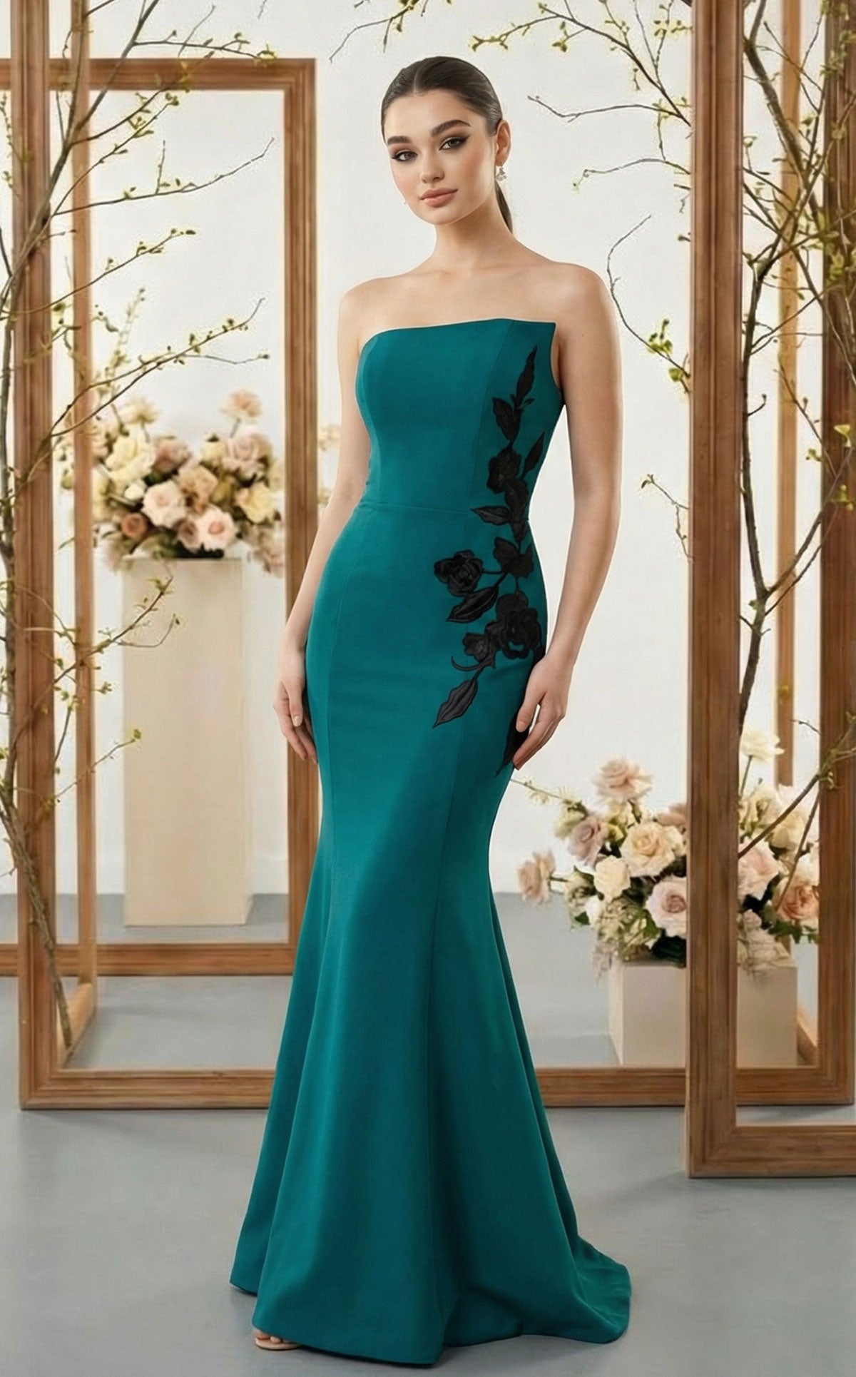Nour Fathallah N0700 Strapless Sculptural Petal Neckline Column Gown