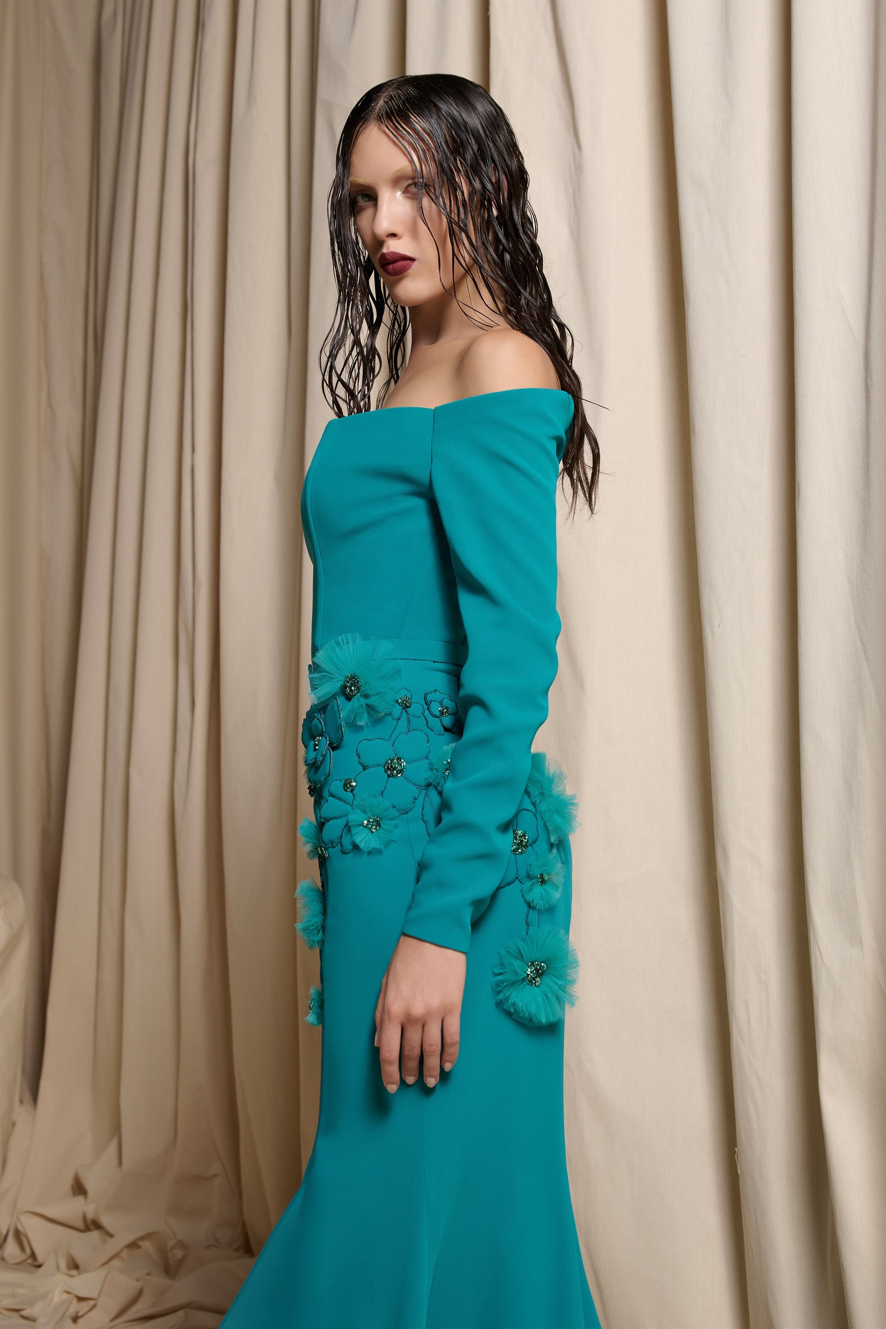 Nour Fathallah N0701 - Teal Crepe Gown with 3D Floral Slit Detail